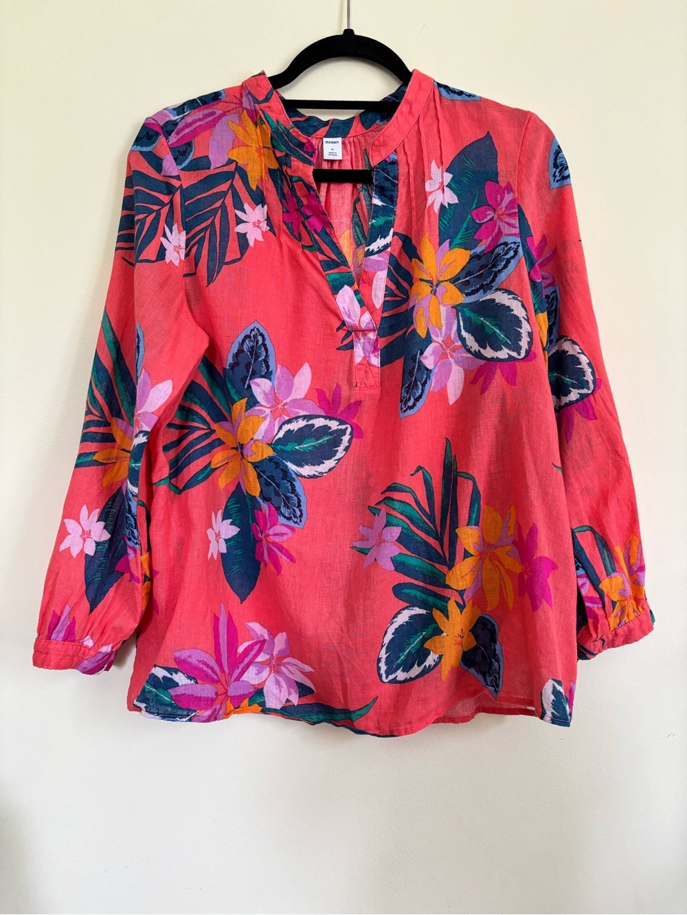 Old Navy Coral Tropical Floral V-Neck Tunic Size M Linen / Cotton Blend